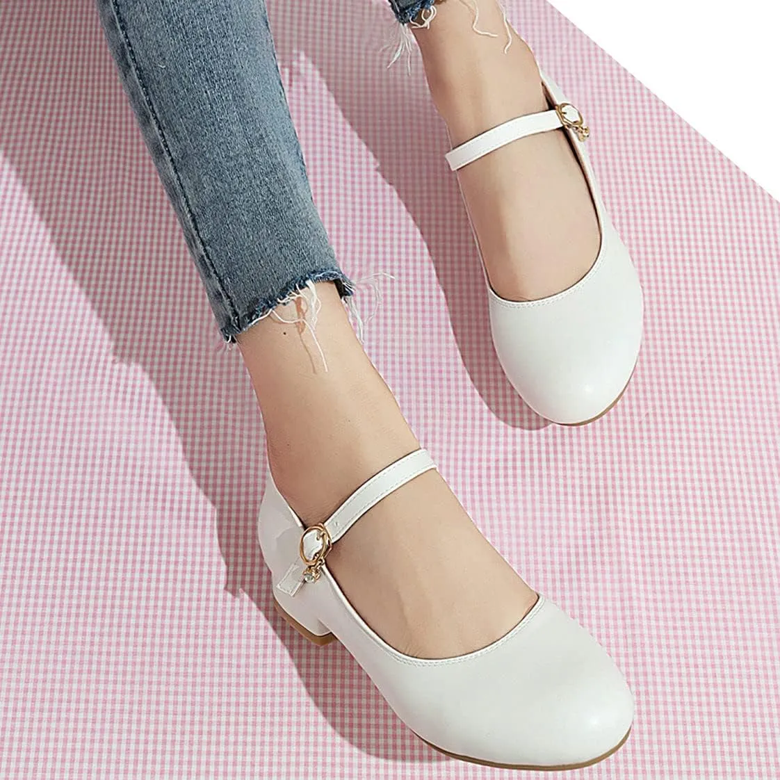 BEAUPAS Women's Round Toe Mary Jane Ballet Flats Ankle Strap Pumps Buckle Cute Shoes