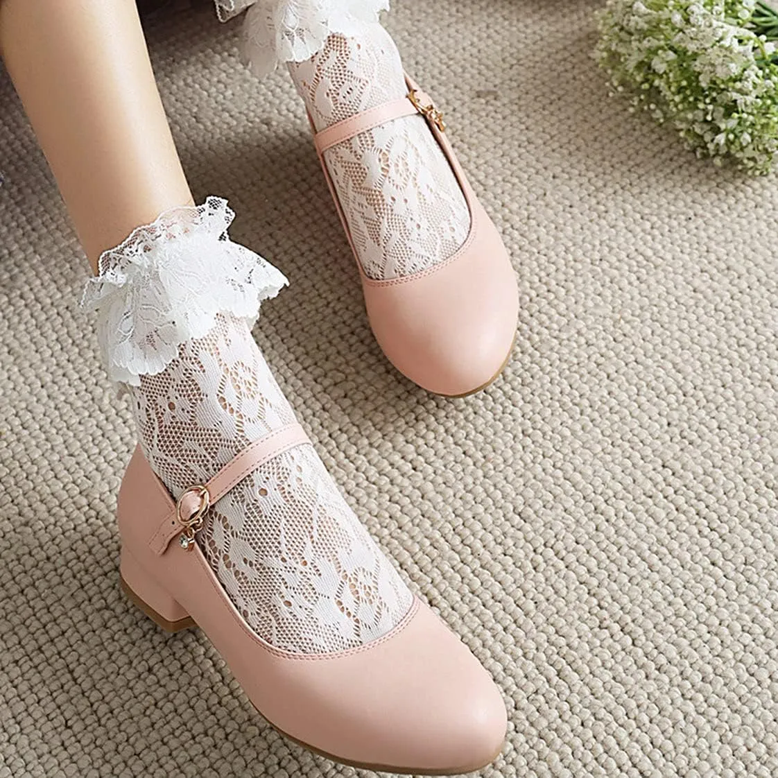 BEAUPAS Women's Round Toe Mary Jane Ballet Flats Ankle Strap Pumps Buckle Cute Shoes