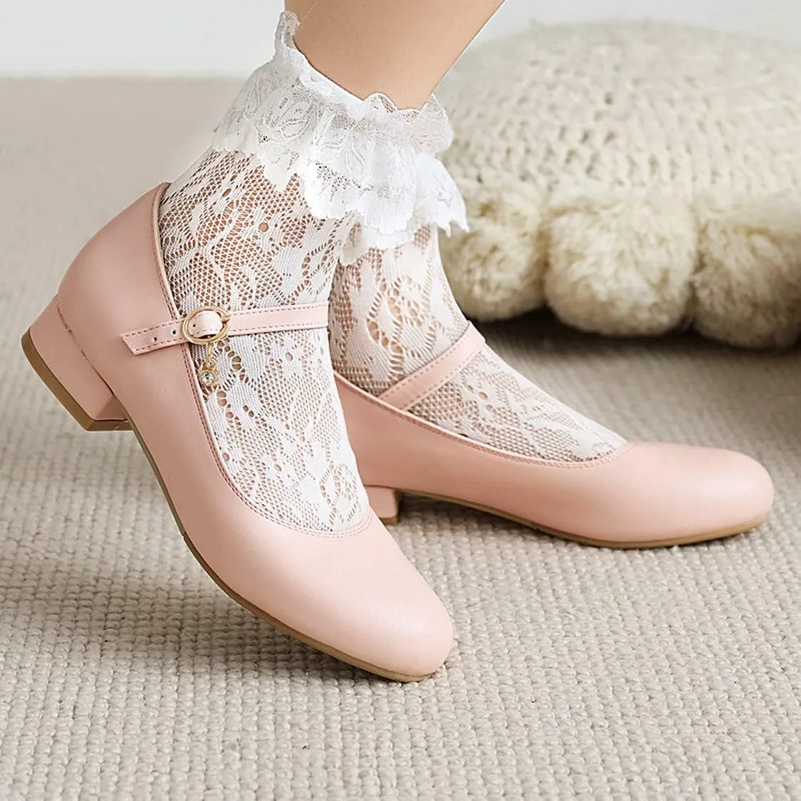 BEAUPAS Women's Round Toe Mary Jane Ballet Flats Ankle Strap Pumps Buckle Cute Shoes