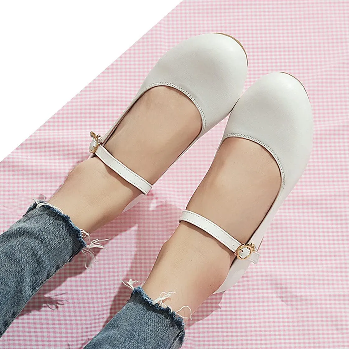 BEAUPAS Women's Round Toe Mary Jane Ballet Flats Ankle Strap Pumps Buckle Cute Shoes