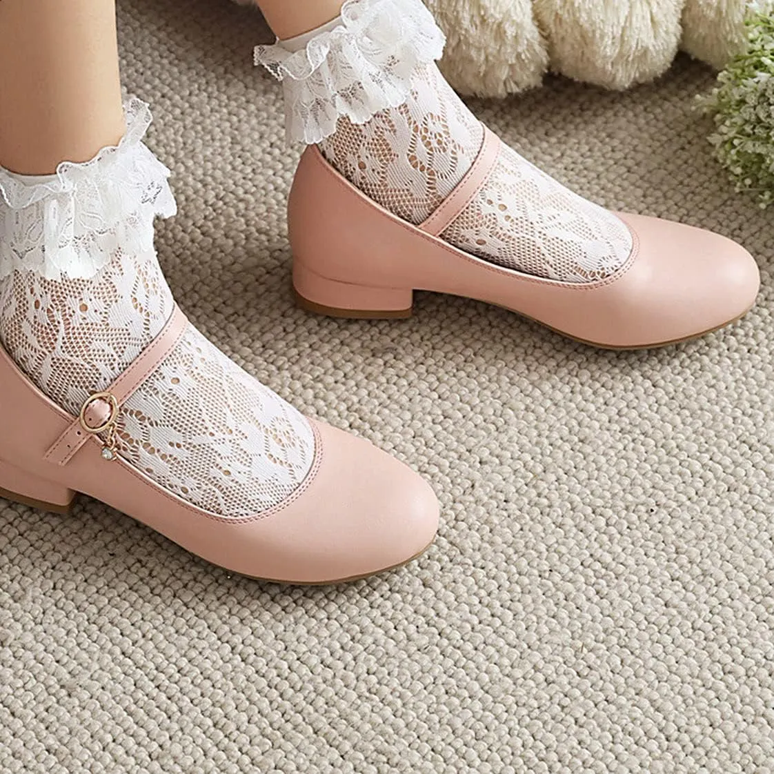 BEAUPAS Women's Round Toe Mary Jane Ballet Flats Ankle Strap Pumps Buckle Cute Shoes