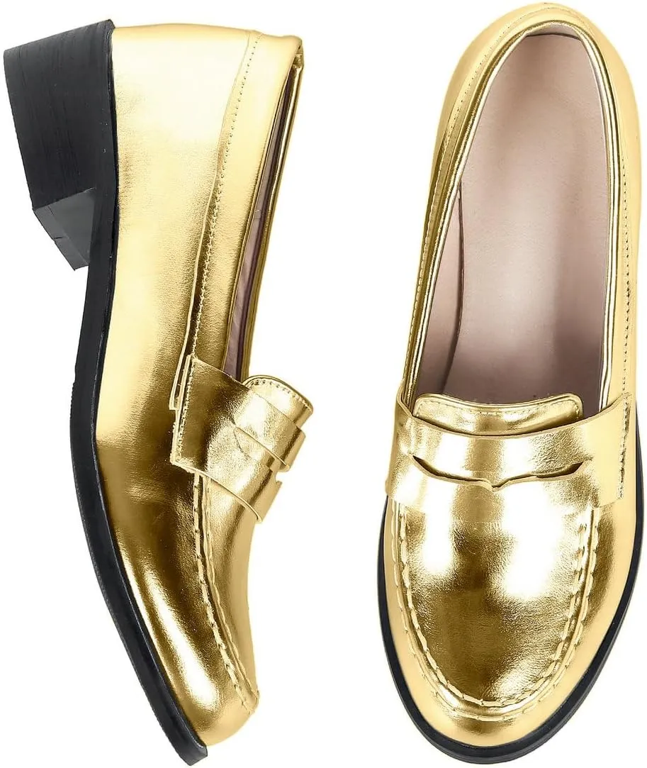 Caradise Women's Patent Leather Loafers Block Heel Slip On Casual Shoes
