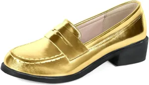 Caradise Women's Patent Leather Loafers Block Heel Slip On Casual Shoes