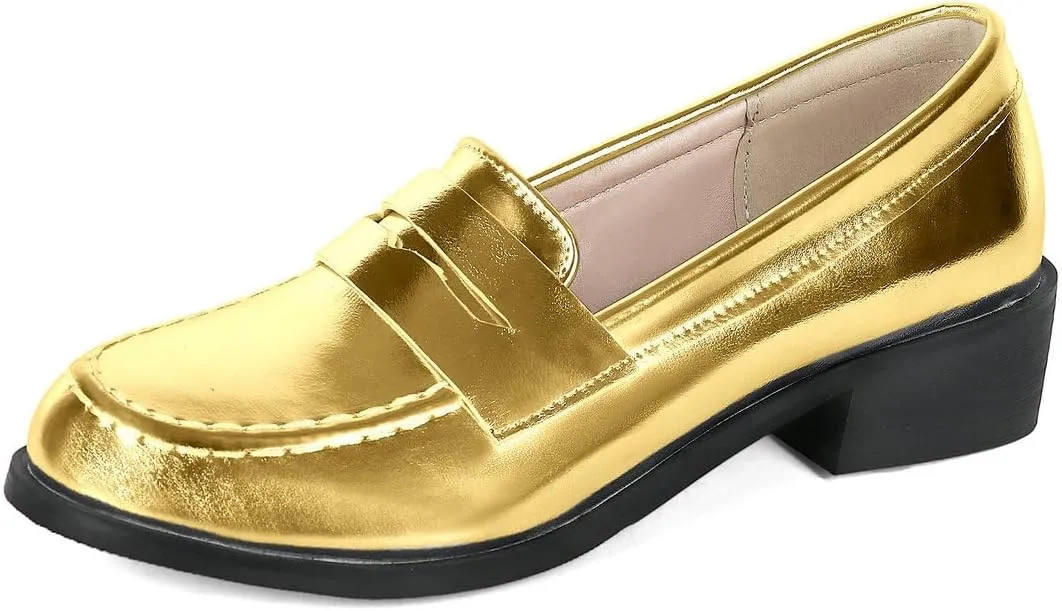 Caradise Women's Patent Leather Loafers Block Heel Slip On Casual Shoes