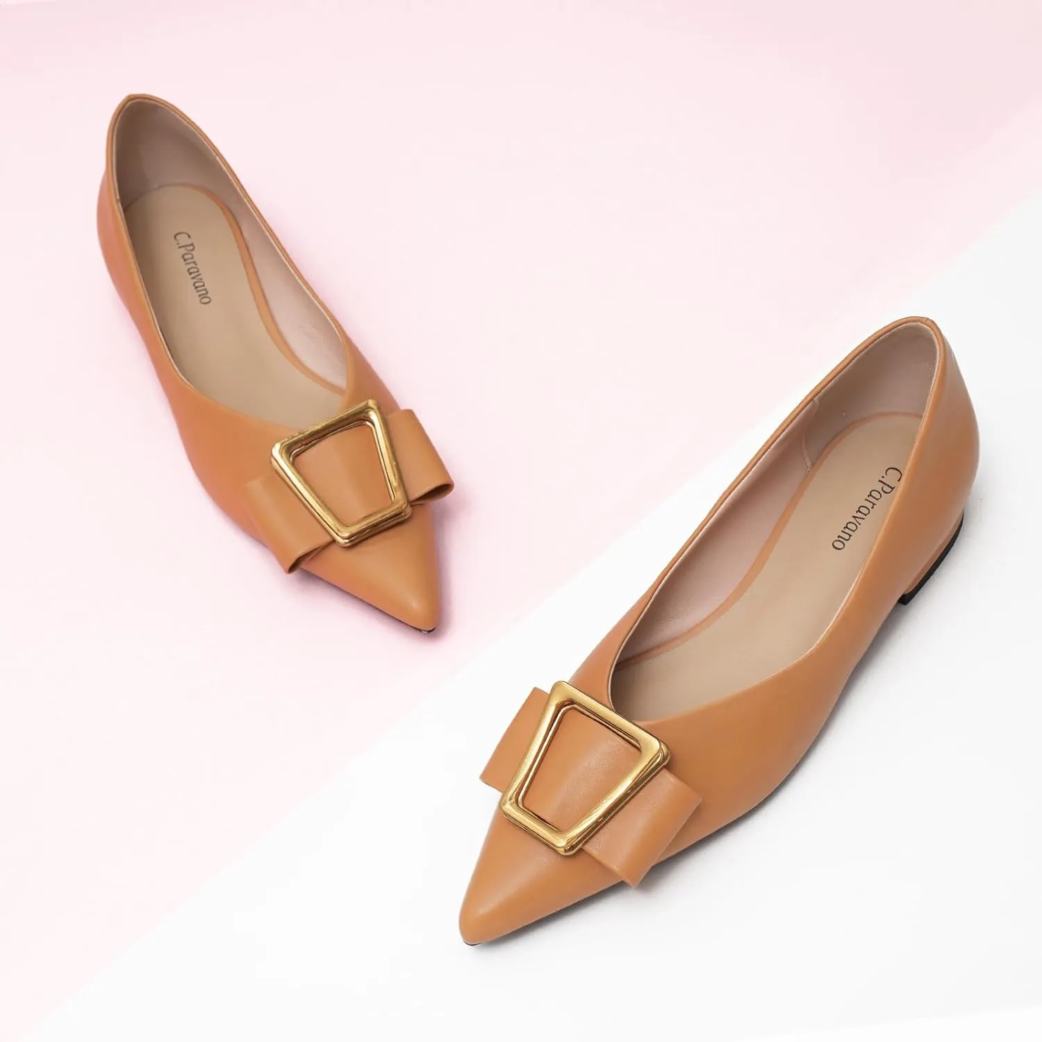 C.Paravano Womens Pointed Toe Ballet Flats with Metal Buckle | Slip-On Dressy Flats for Women | Comfortable Work Flats | Office, Party, Wedding, Casual Wear Lightweight Womens Flat Shoes