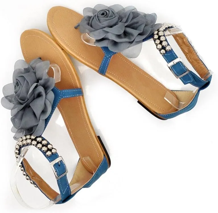 ELFY Women Flat Heel Flip-flop Sandals Flower Beaded Summer Flats