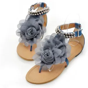 ELFY Women Flat Heel Flip-flop Sandals Flower Beaded Summer Flats
