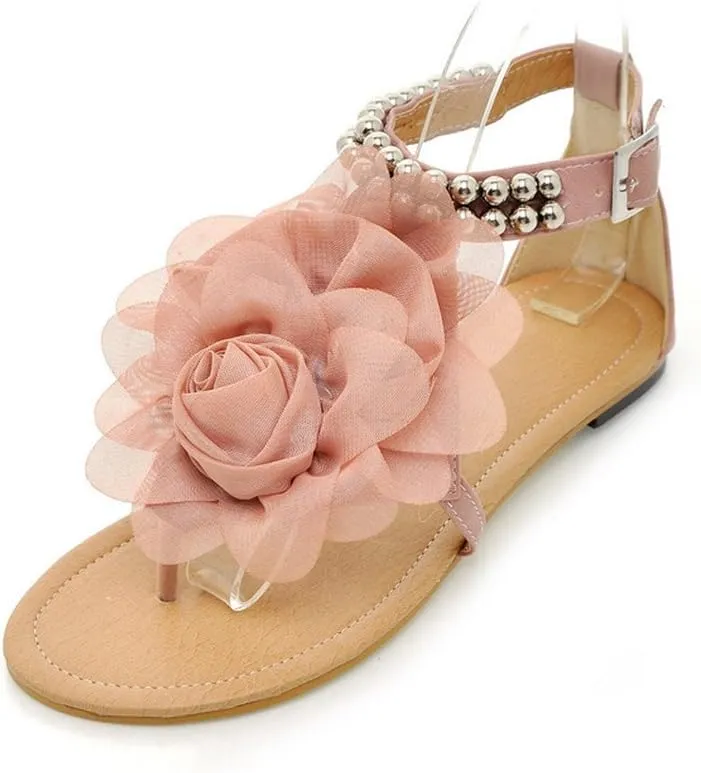 ELFY Women Flat Heel Flip-flop Sandals Flower Beaded Summer Flats