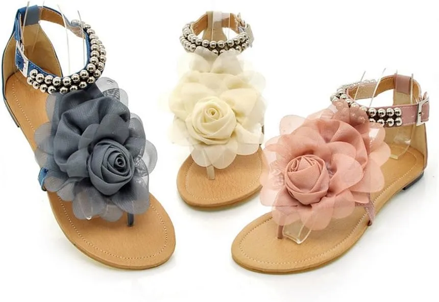 ELFY Women Flat Heel Flip-flop Sandals Flower Beaded Summer Flats