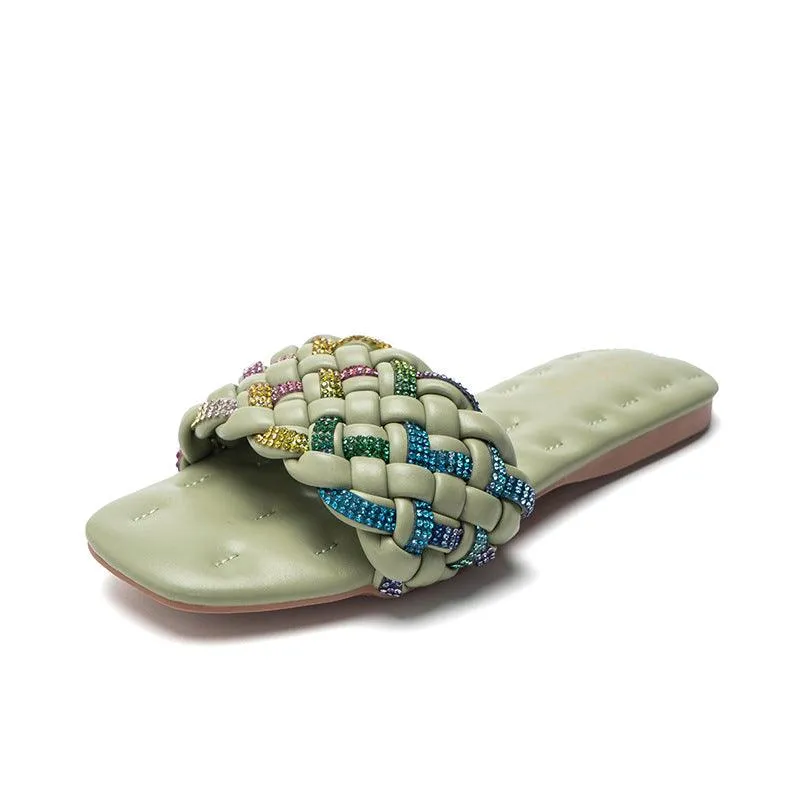 Fashion Square Head Colorful Diamond Embroidery Thread Flat Sandals
