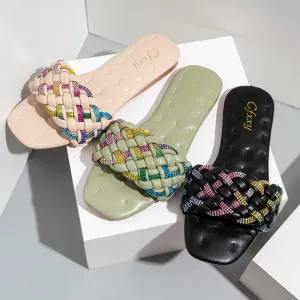 Fashion Square Head Colorful Diamond Embroidery Thread Flat Sandals