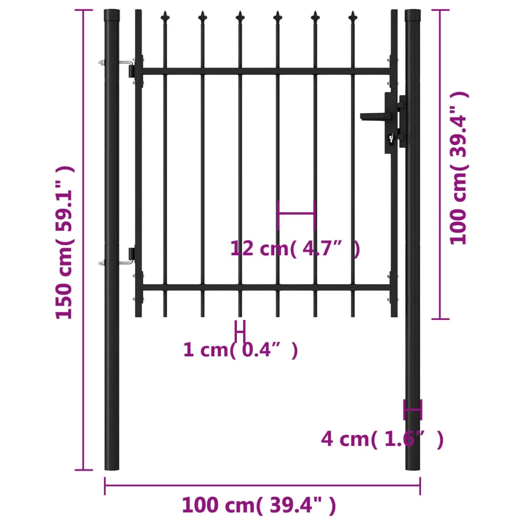 Fence Gate Single Door with Spike Top Steel 1x1 m Black