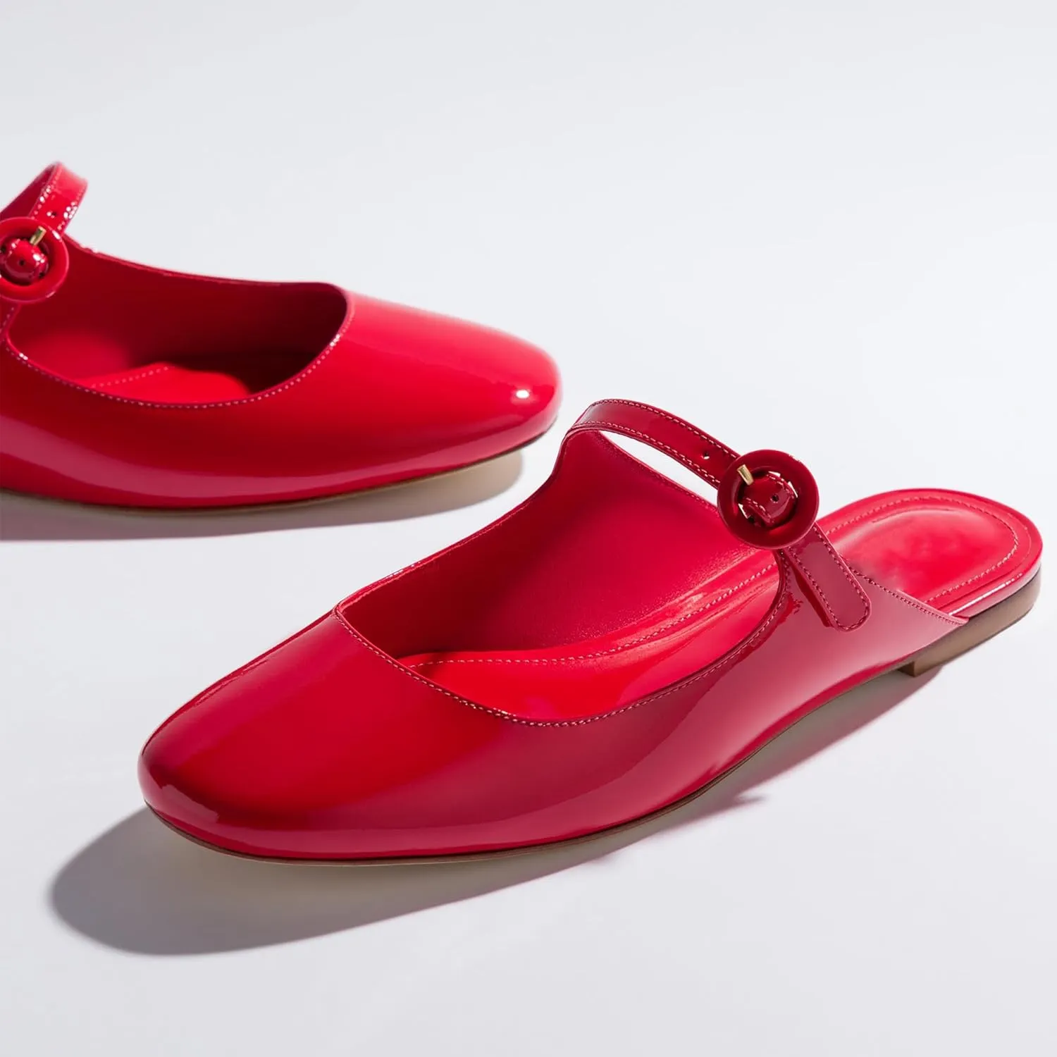 Flat Mules for Women Cute Closed Round Toe Slides Slip On Buckle Strap Mary Jane Backless Ballerina Flats Shoes