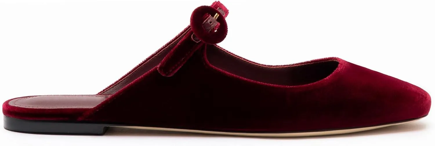 Flat Mules for Women Cute Closed Round Toe Slides Slip On Buckle Strap Mary Jane Backless Ballerina Flats Shoes