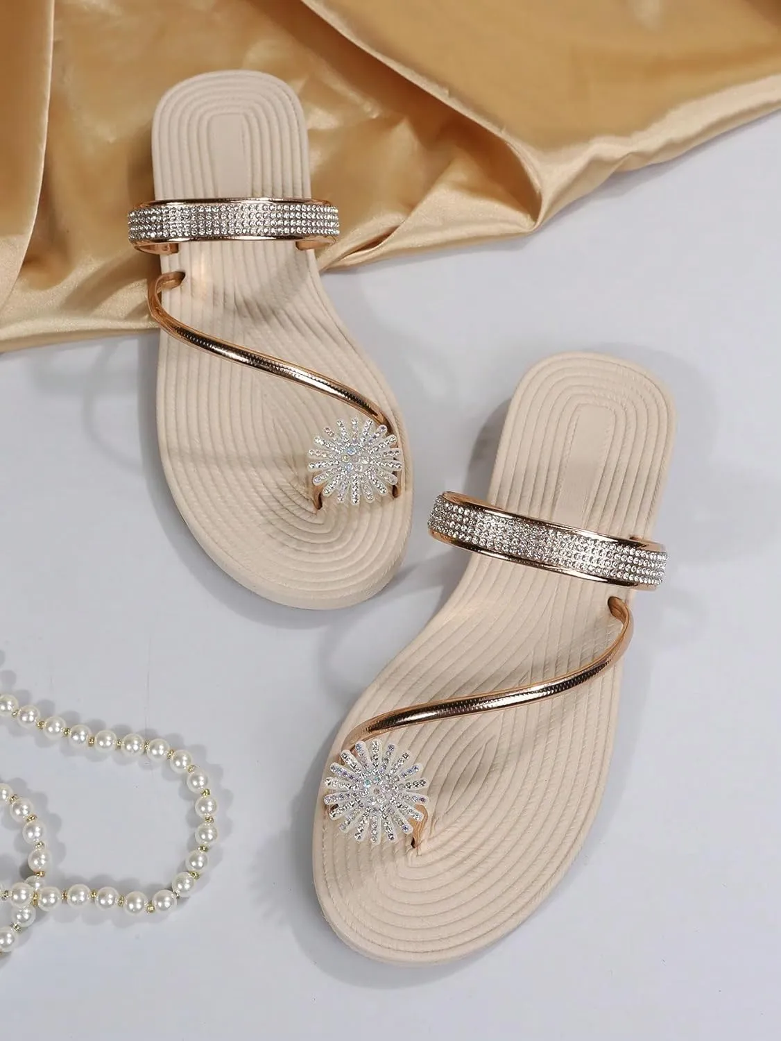 Floerns Women's Rhinestone Thong Sandal Shiny Strappy Wedding Shoe Flat Sandals