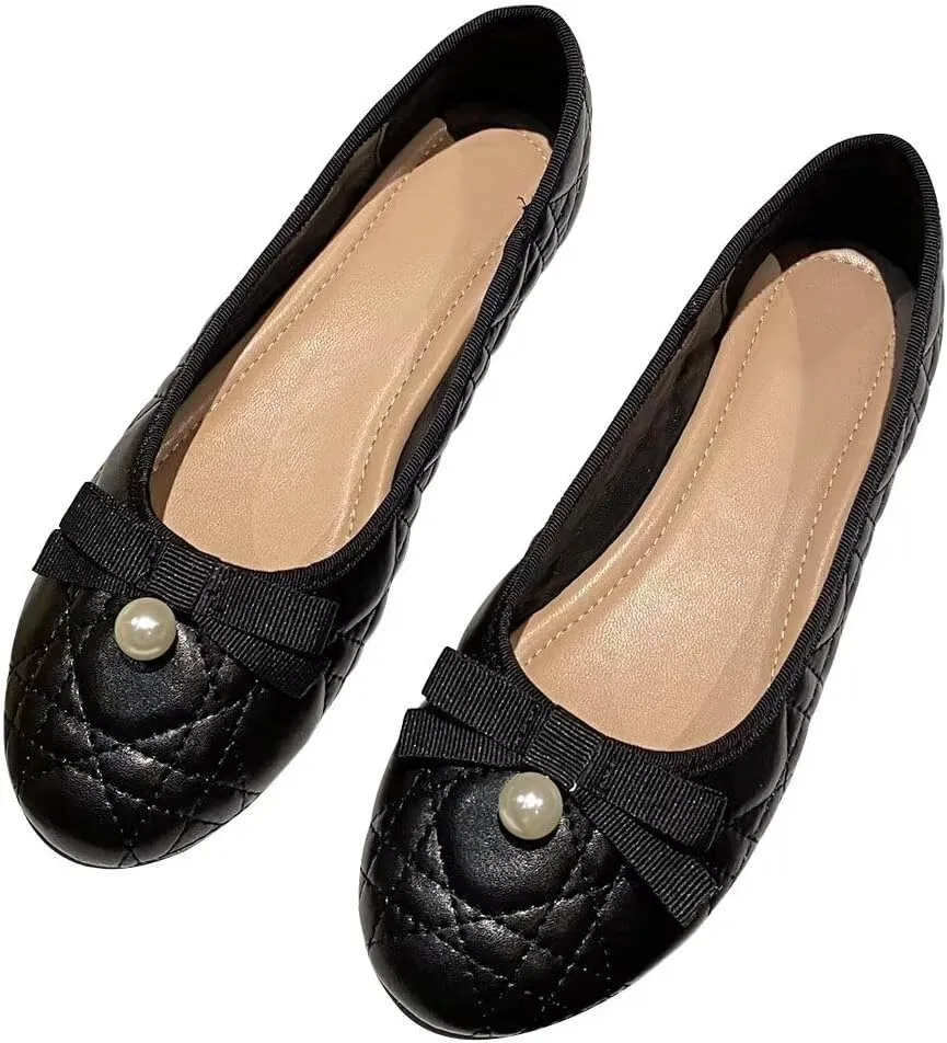 Hee grand Flats for Women Cute Bowknot Round Toe Dress Shoes Soft PU Leather Slip On Ballet Flats Lightweight Walking Shoes