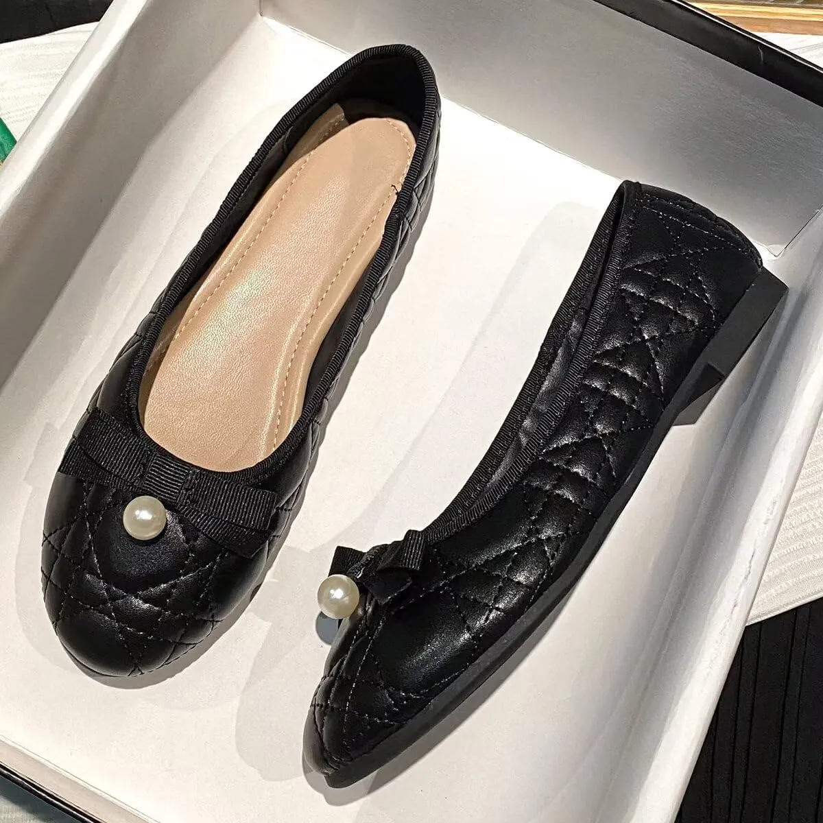 Hee grand Flats for Women Cute Bowknot Round Toe Dress Shoes Soft PU Leather Slip On Ballet Flats Lightweight Walking Shoes