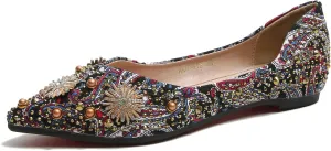 HROYL Women Rhinestone Flats Dressy Shoes Elegant Ballet Flats Party Evening Office Flats Model YSX-223-2