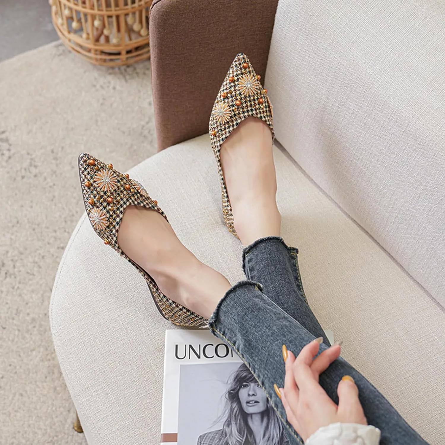HROYL Women Rhinestone Flats Dressy Shoes Elegant Ballet Flats Party Evening Office Flats Model YSX-223-2
