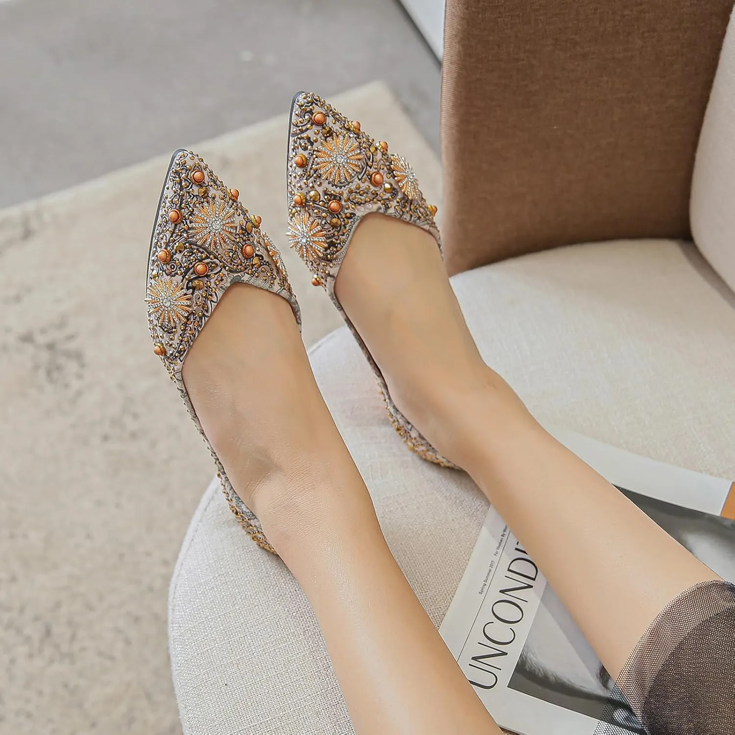 HROYL Women Rhinestone Flats Dressy Shoes Elegant Ballet Flats Party Evening Office Flats Model YSX-223-2