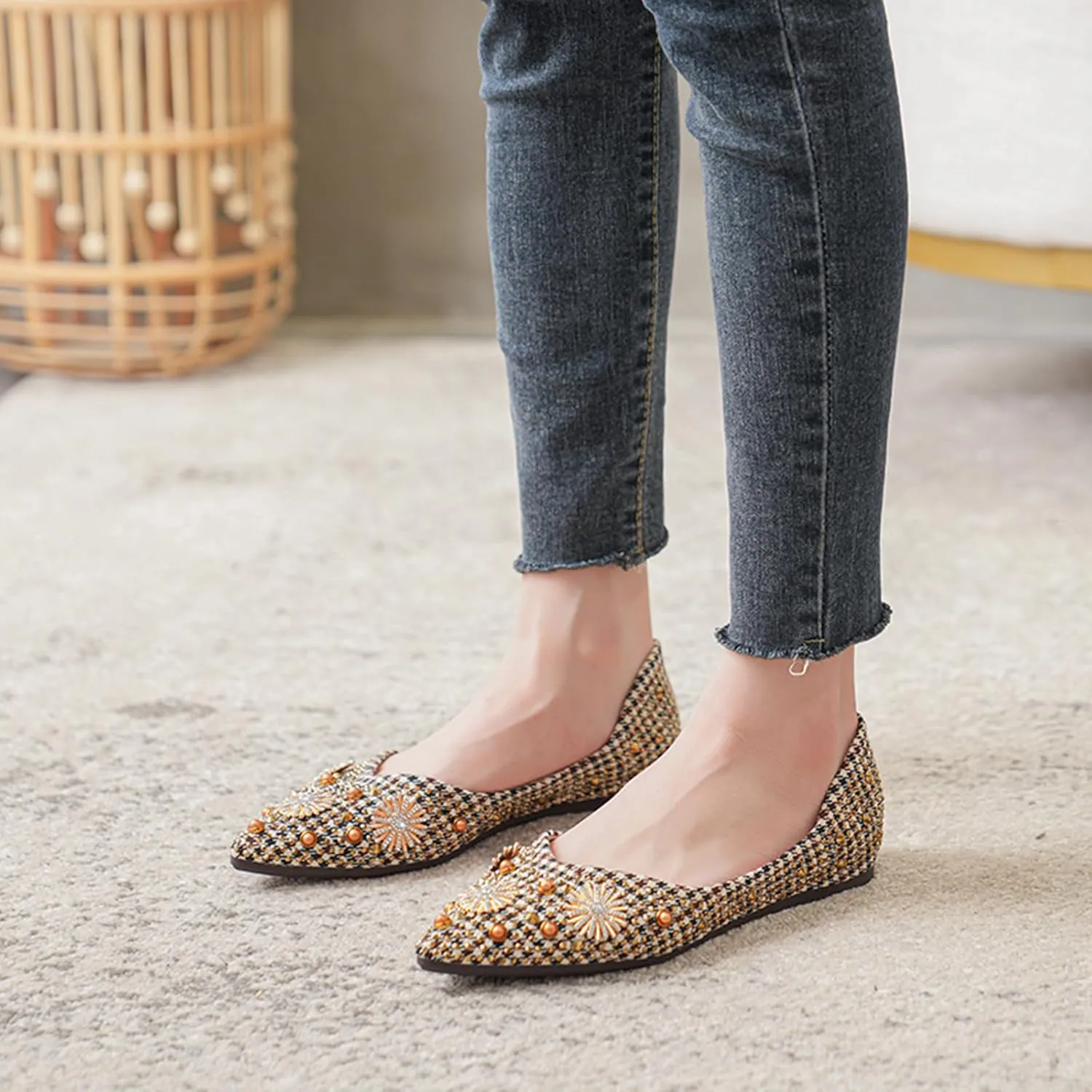 HROYL Women Rhinestone Flats Dressy Shoes Elegant Ballet Flats Party Evening Office Flats Model YSX-223-2