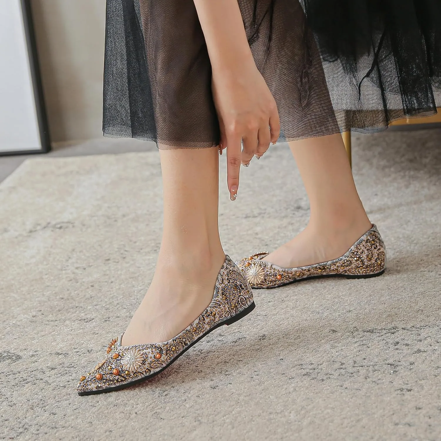 HROYL Women Rhinestone Flats Dressy Shoes Elegant Ballet Flats Party Evening Office Flats Model YSX-223-2