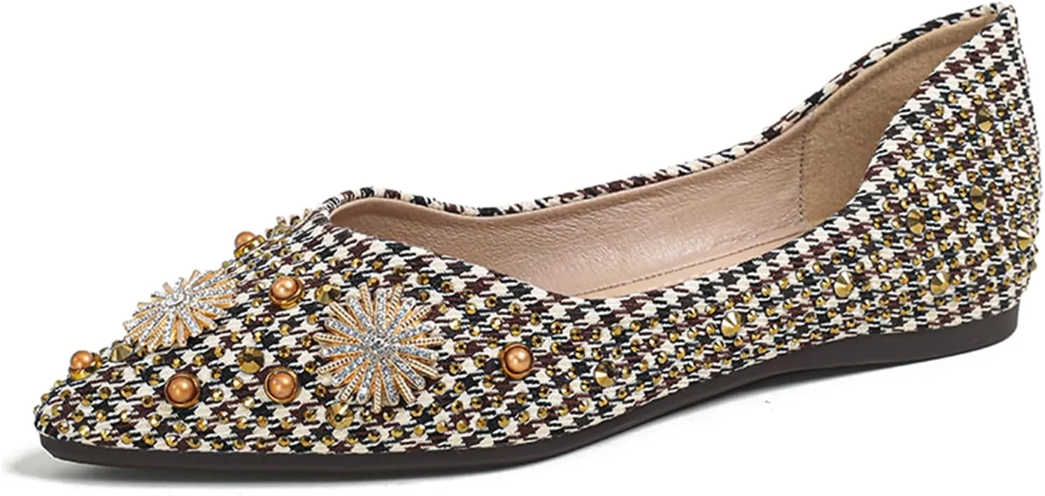 HROYL Women Rhinestone Flats Dressy Shoes Elegant Ballet Flats Party Evening Office Flats Model YSX-223-2