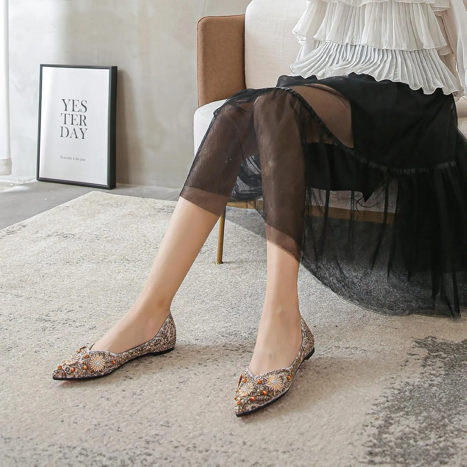 HROYL Women Rhinestone Flats Dressy Shoes Elegant Ballet Flats Party Evening Office Flats Model YSX-223-2