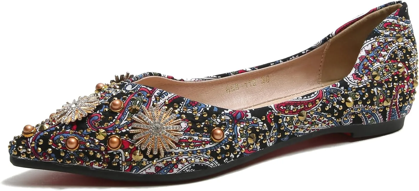 HROYL Women Rhinestone Flats Dressy Shoes Elegant Ballet Flats Party Evening Office Flats Model YSX-223-2