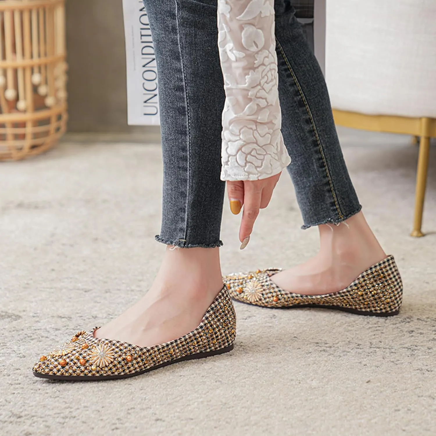HROYL Women Rhinestone Flats Dressy Shoes Elegant Ballet Flats Party Evening Office Flats Model YSX-223-2