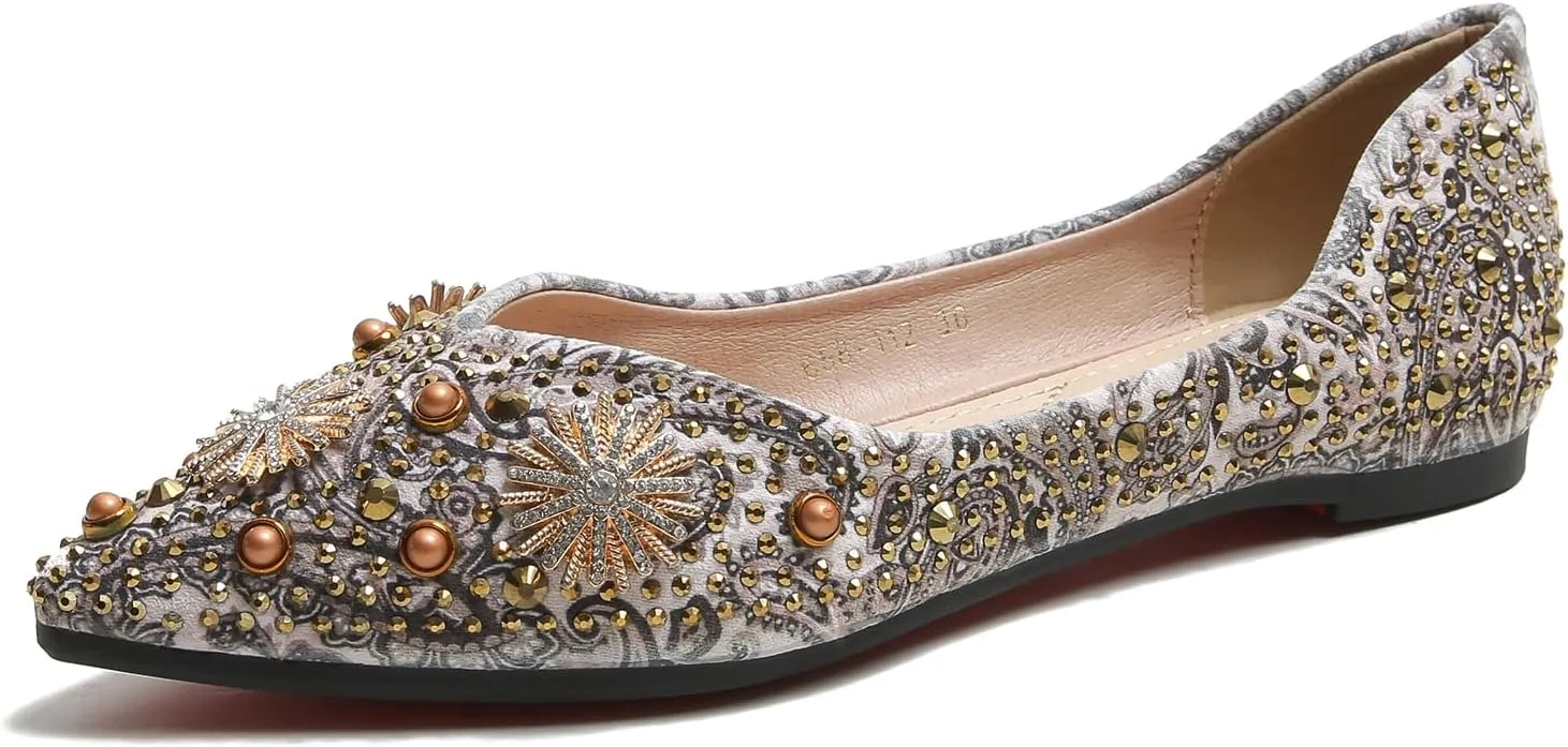 HROYL Women Rhinestone Flats Dressy Shoes Elegant Ballet Flats Party Evening Office Flats Model YSX-223-2