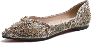 HROYL Women Rhinestone Flats Dressy Shoes Elegant Ballet Flats Party Evening Office Flats Model YSX-223-2