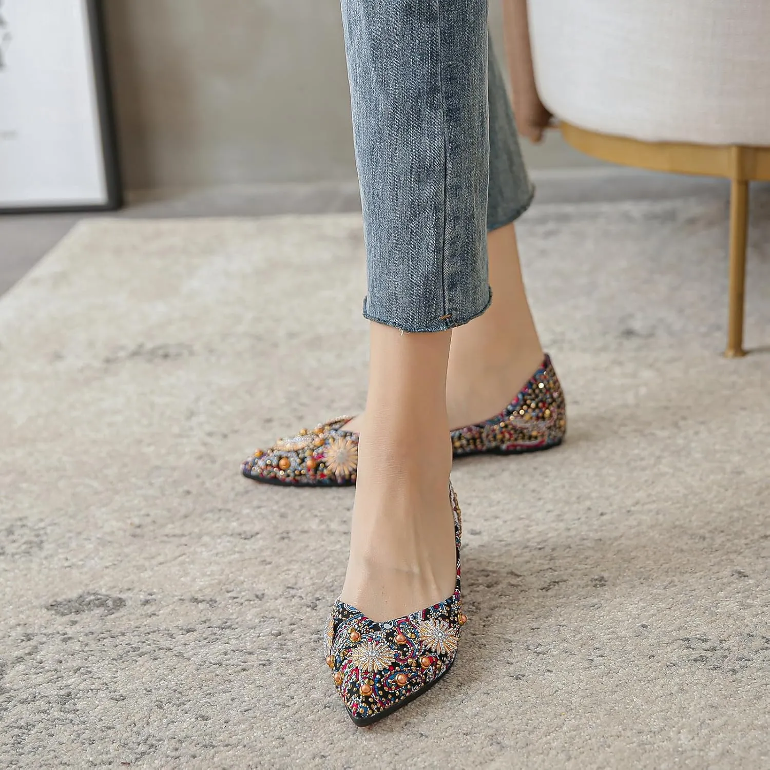 HROYL Women Rhinestone Flats Dressy Shoes Elegant Ballet Flats Party Evening Office Flats Model YSX-223-2