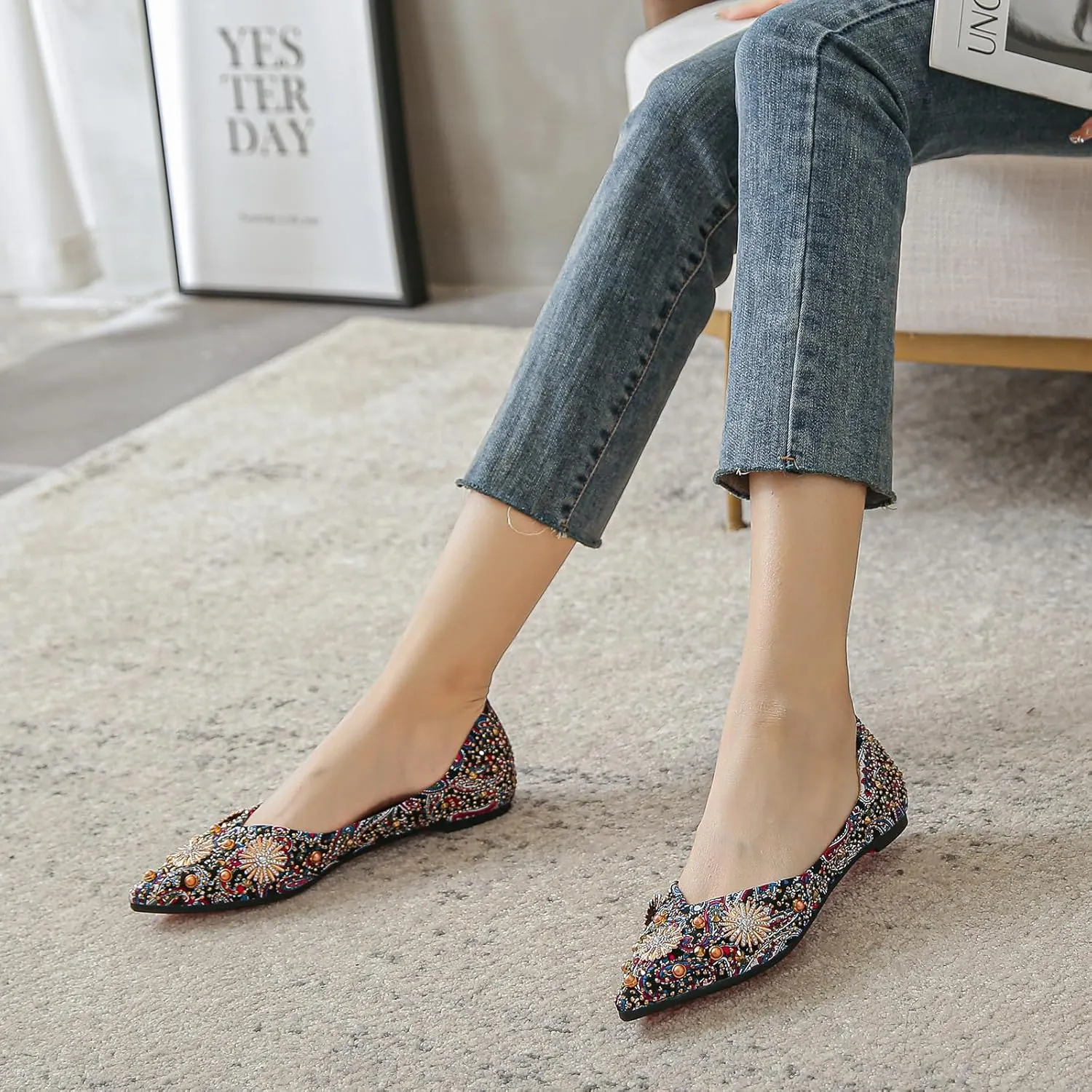 HROYL Women Rhinestone Flats Dressy Shoes Elegant Ballet Flats Party Evening Office Flats Model YSX-223-2