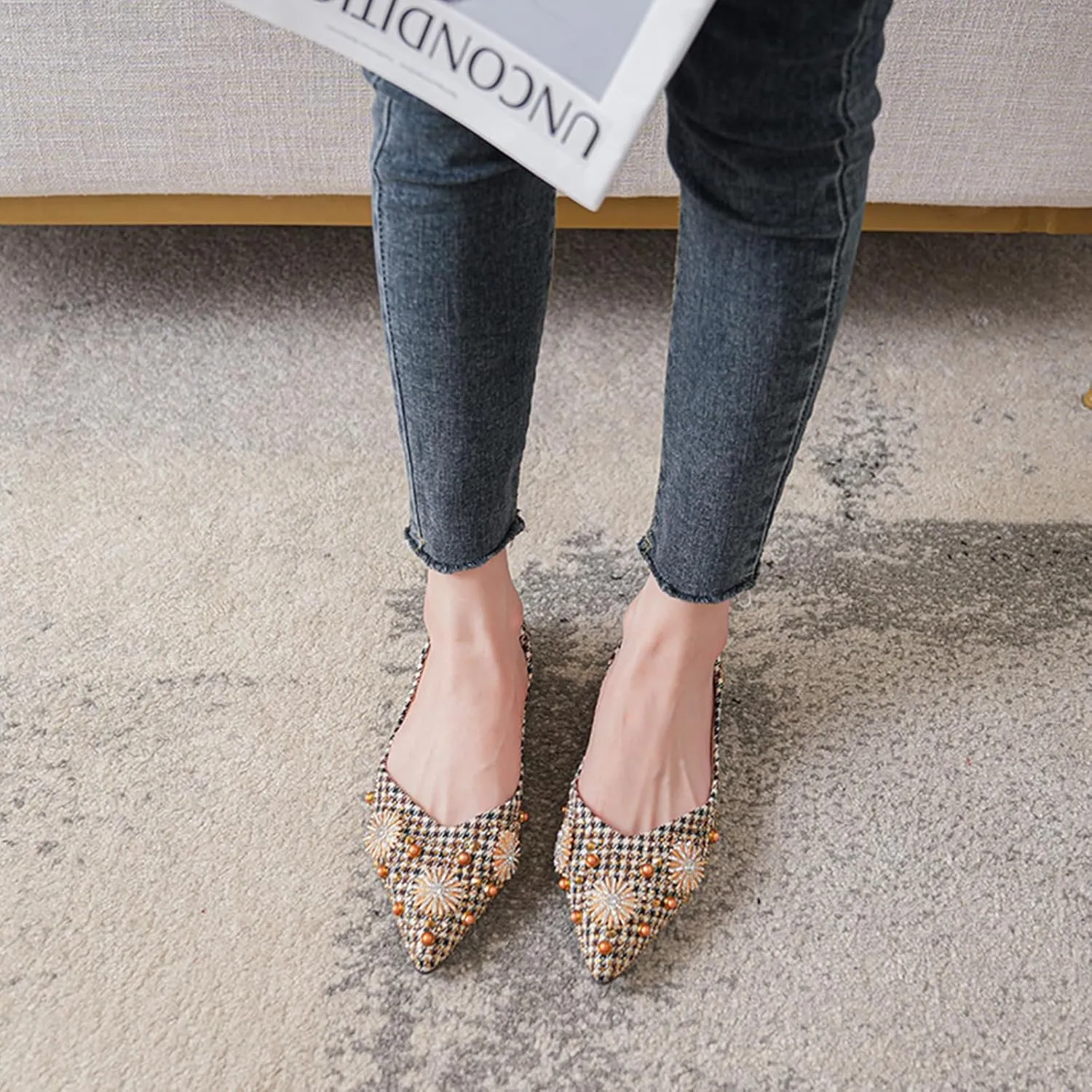 HROYL Women Rhinestone Flats Dressy Shoes Elegant Ballet Flats Party Evening Office Flats Model YSX-223-2