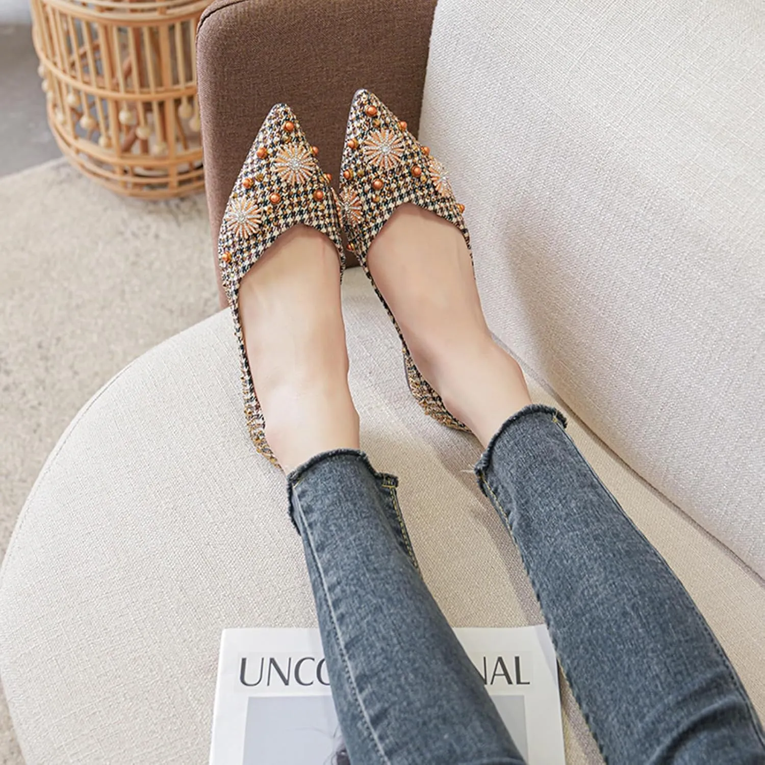 HROYL Women Rhinestone Flats Dressy Shoes Elegant Ballet Flats Party Evening Office Flats Model YSX-223-2