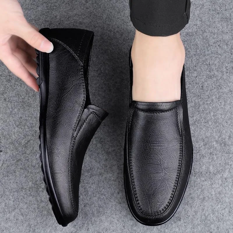 JIADELI Men's Loafers Shoes Solid Color Vegan Leather Loafers Slip Resistant Flat Heel Anti-Slip Party Slip-ons (Color : Black, Size : 6.5)