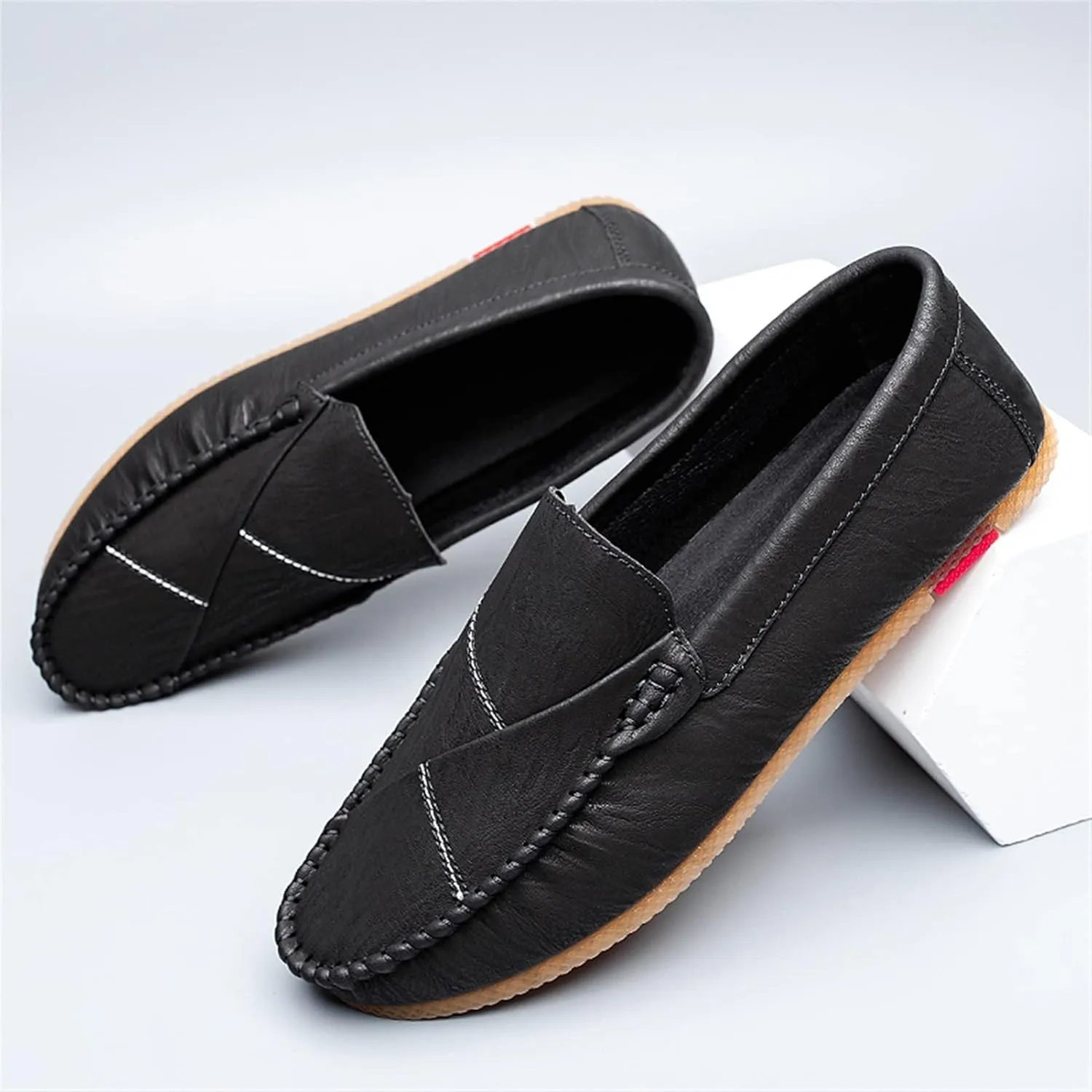 JIADELI Men's Loafers Shoes Vegan Leather Stitching Details Round Toe Flexible Flat Heel Slip Resistant Wedding Outdoor Slip-on
