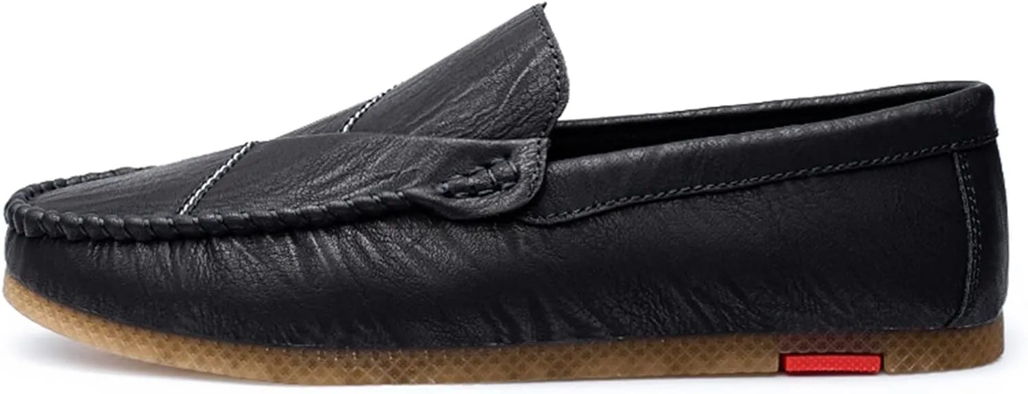 JIADELI Men's Loafers Shoes Vegan Leather Stitching Details Round Toe Flexible Flat Heel Slip Resistant Wedding Outdoor Slip-on