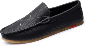 JIADELI Men's Loafers Shoes Vegan Leather Stitching Details Round Toe Flexible Flat Heel Slip Resistant Wedding Outdoor Slip-on