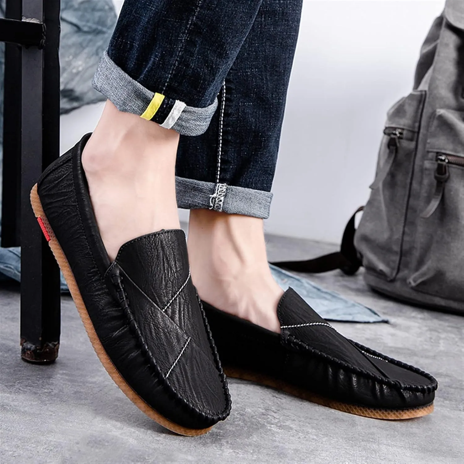 JIADELI Men's Loafers Shoes Vegan Leather Stitching Details Round Toe Flexible Flat Heel Slip Resistant Wedding Outdoor Slip-on