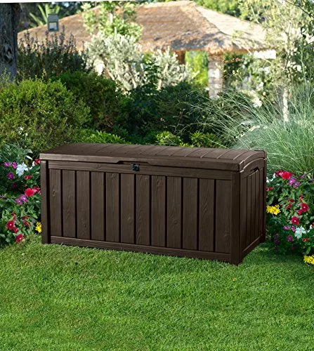 Keter Glenwood Plastic Deck Storage Container Box Outdoor Patio Furniture 101 Gal, Brown