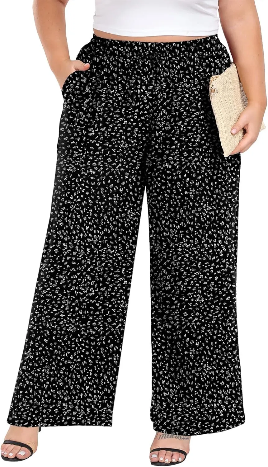 Lastshe Women's Plus Size Wide Leg Pants Summer Stretchy Drawstring Waist Comfortable Fit Casual Trousers Pants with Pockets