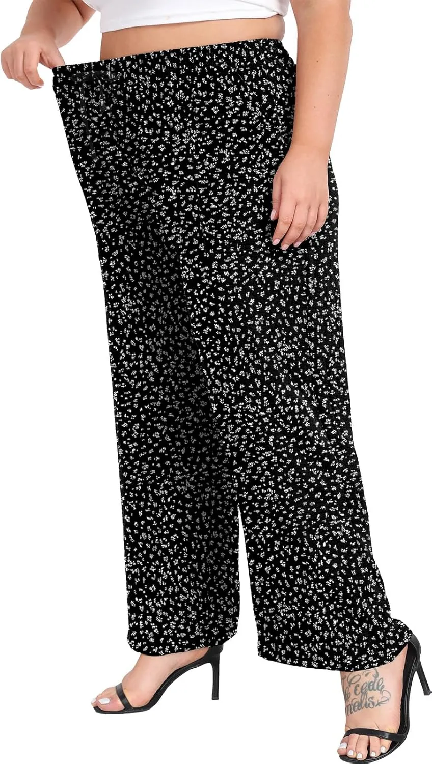 Lastshe Women's Plus Size Wide Leg Pants Summer Stretchy Drawstring Waist Comfortable Fit Casual Trousers Pants with Pockets