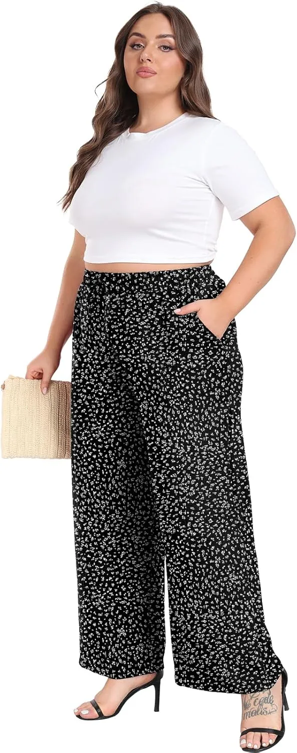 Lastshe Women's Plus Size Wide Leg Pants Summer Stretchy Drawstring Waist Comfortable Fit Casual Trousers Pants with Pockets