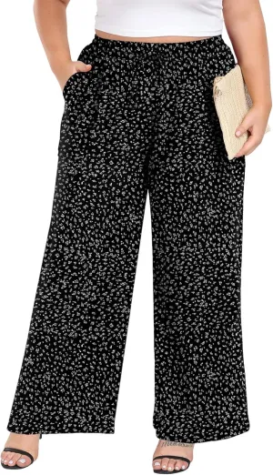 Lastshe Women's Plus Size Wide Leg Pants Summer Stretchy Drawstring Waist Comfortable Fit Casual Trousers Pants with Pockets