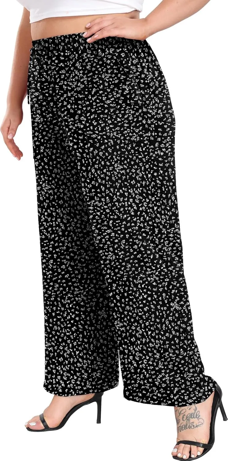 Lastshe Women's Plus Size Wide Leg Pants Summer Stretchy Drawstring Waist Comfortable Fit Casual Trousers Pants with Pockets