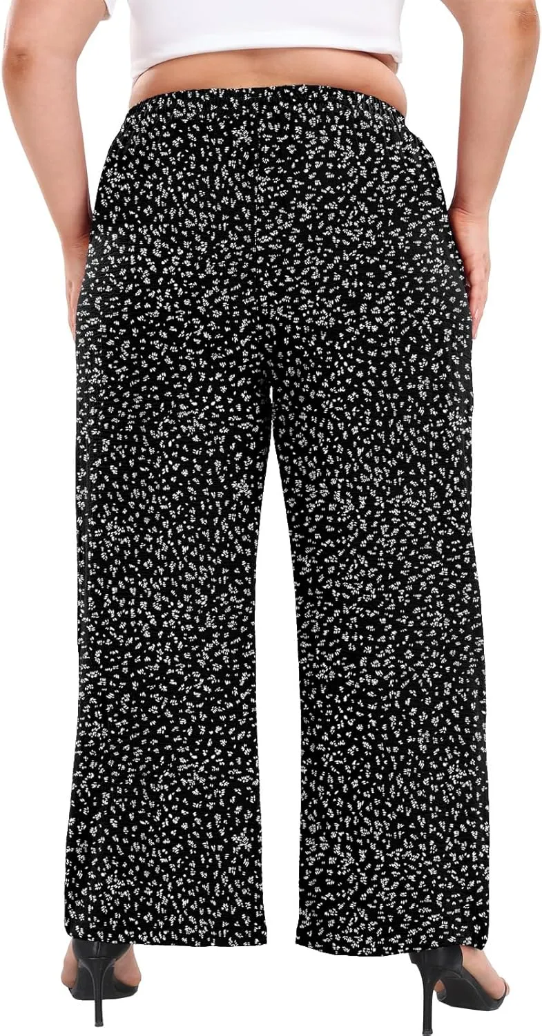 Lastshe Women's Plus Size Wide Leg Pants Summer Stretchy Drawstring Waist Comfortable Fit Casual Trousers Pants with Pockets