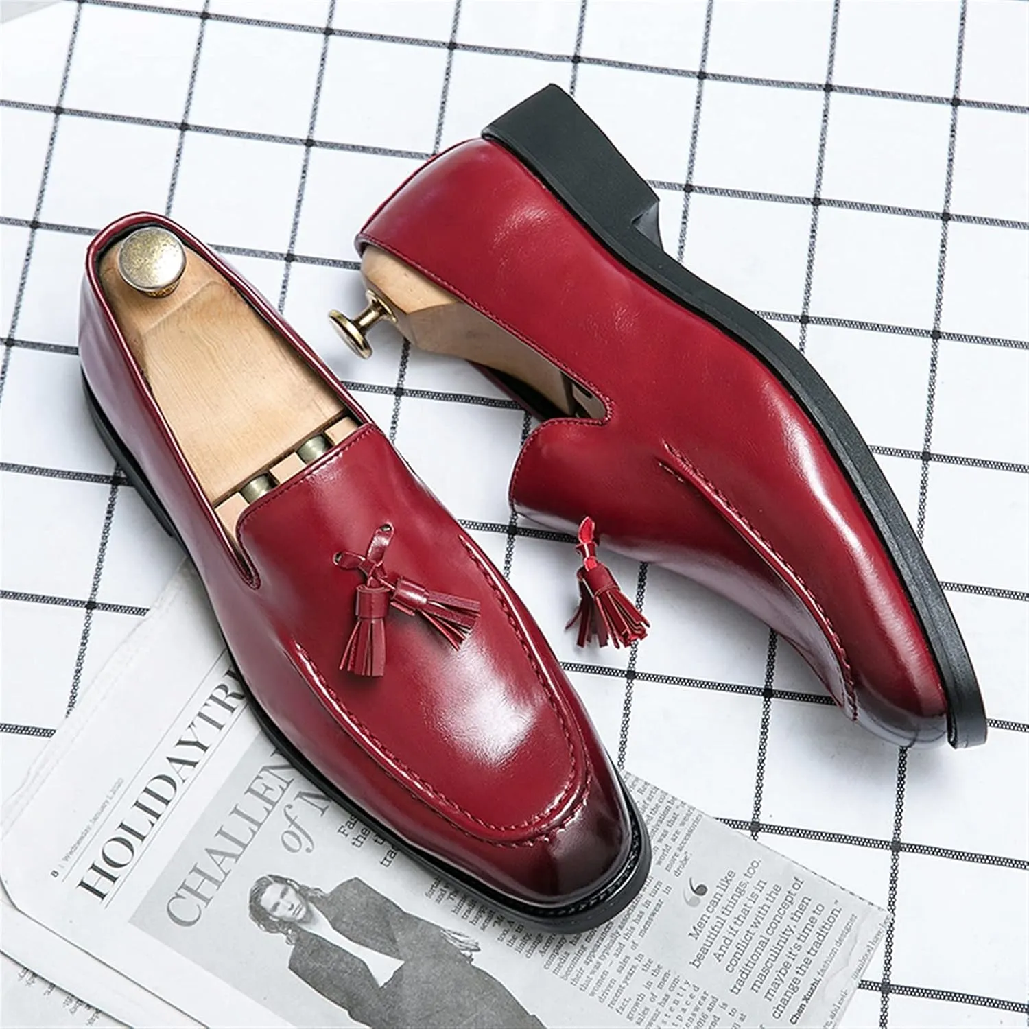 Loafers for Men Tassel Square Burnished Toe Loafer Shoes Vegan Leather Slip Resistant Comfortable Flat Heel Prom Outdoor Slip-ons