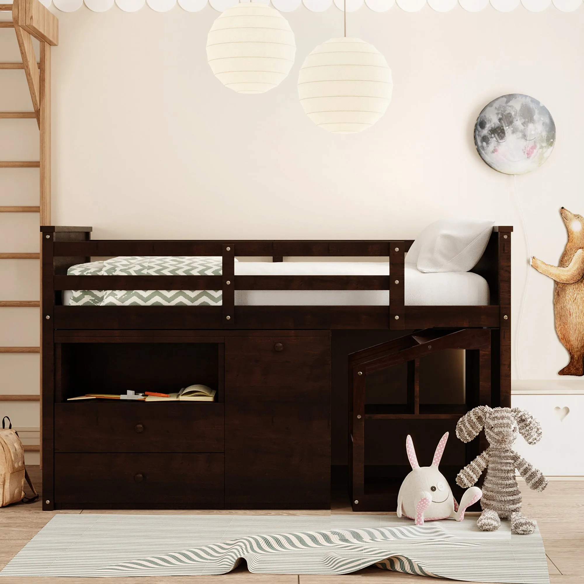 Loft Bed Low Study Twin Size Loft Bed With Storage Steps and Portable,Desk,Espresso